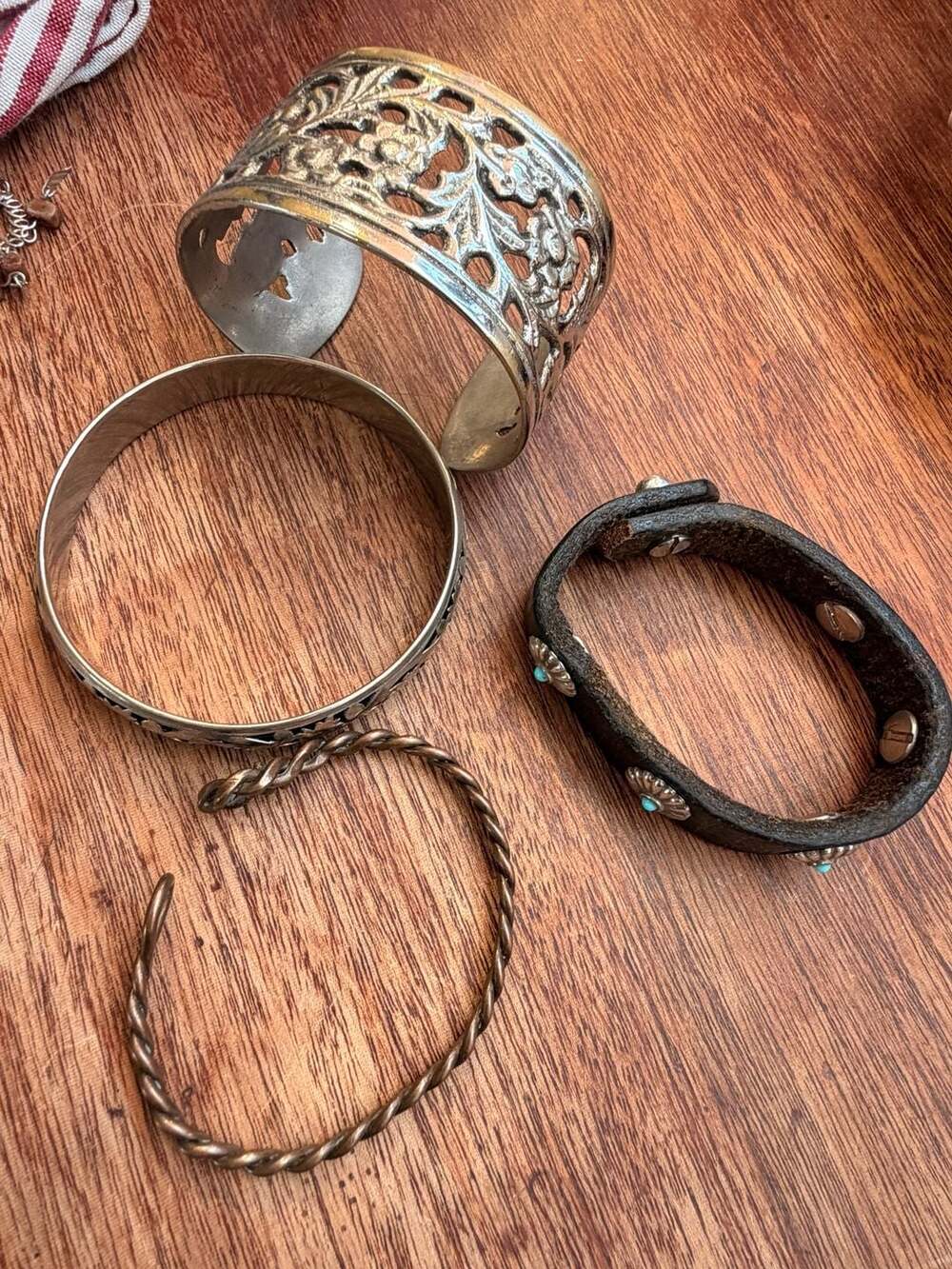 Lot of 4 Assorted Bracelets Jewelry Bundle, Silver Tone, Leather & Copper